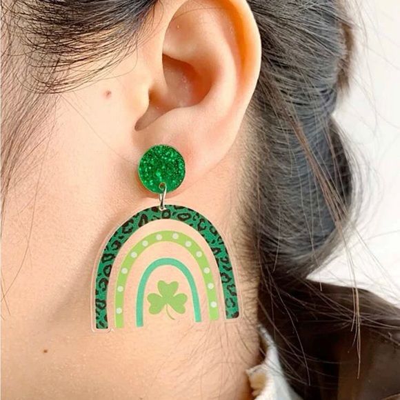 St. Patrick’s Day Green Pattern Rainbow Clover Drop Earrings - Teacher Earrings - Picture 3 of 4